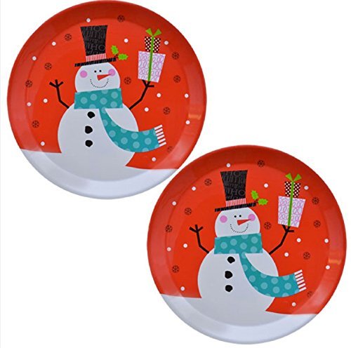 Christmas Trays Set of 2 Large Round Snowman Decorative Design Plastic 13.5 Inch