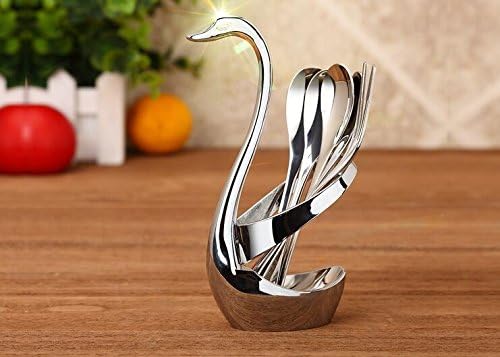 Dinnerware Set, Stainless Steel Fruit/Dessert Flatware Set for 7-1 Swan Base Holder with 3 Forks &amp; 3 Spoons
