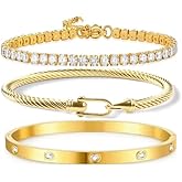 NEKVFO 18K Gold Plated Love Bracelet Set, Zircon Adjustable Bracelet Horseshoe Buckle Cable Bracelet, 3-Piece Women's Stackable Gold Bracelet Jewelry Set