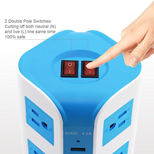 USB Power Strip Surge Protector Multi Electrical Outlet 8 Outlet 4 USB Port with 6.5 Feet Long Cord 2100 Joules Surge Suppressor Protection Vertical Socket for Home and Office-Safemore(White + Blue) - Thumbnail 5
