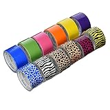 12 Roll Variety Pack of Bazic Print Colors (brights colors) of All Purpose Duct Tape. Brights Include: green, blue, orange, purple,pink and yellow. The prints include: various animal prints. All solid color rolls are 1.89