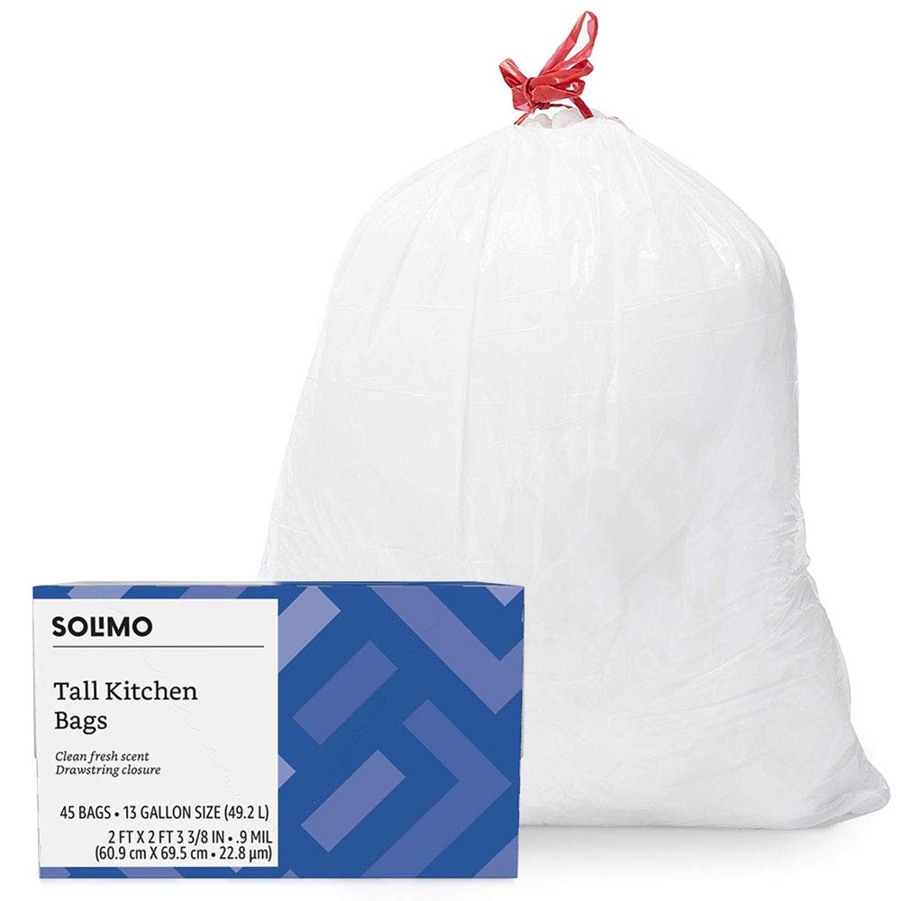  Brand - Solimo Tall Kitchen Drawstring Trash Bags, Clean Fresh Scent, 13 Gallon, 45 Count: Prime Pantry