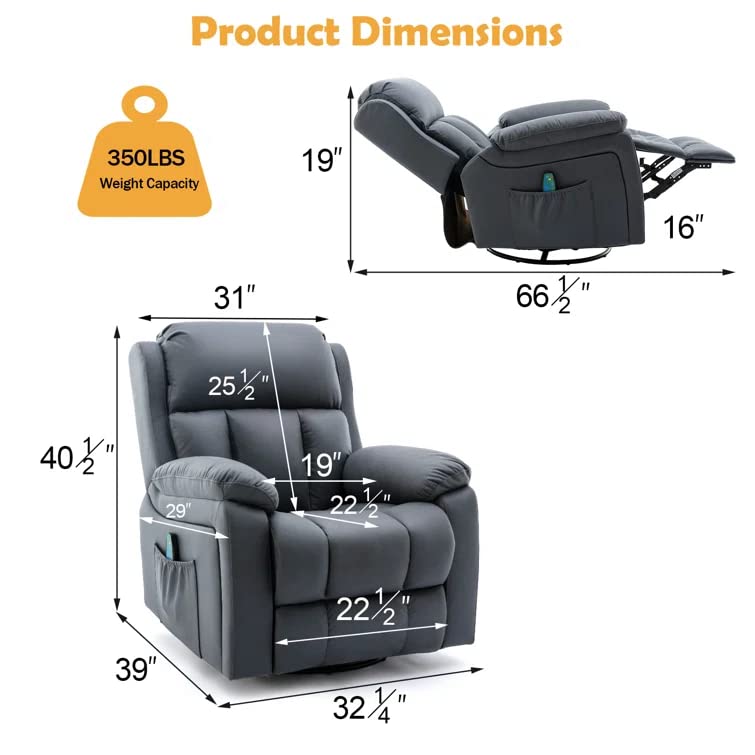 ZXI Electric Power Lift Recliner Chair for Elderly with Massage and Heat, Fabric Lift Recliner Chairs for Seniors, Remote Control, 3 Positions, USB Ports for Home Living Room (Grey Blue)