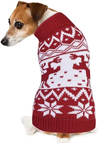 PETBABA Dog Christmas Jumper, Soft Stretch Pullover Keep Pet Warm in Winter Snow Cold Weather, Cable Knit Turtleneck with Reindeer Snowflake, Xmas Sweater Suitable Festival Holiday - XXL in Red