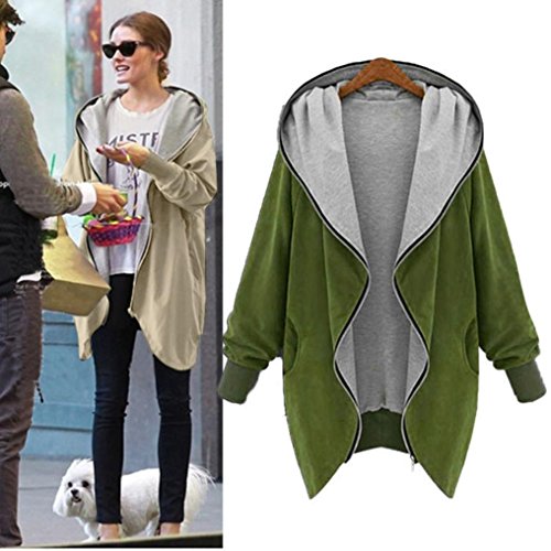 Tsmile Spring Winter Womens Coat Zipper Hoodie Kapuzen Solid Color Jacket Casual Loose Parka Trench Windbreaker Outwear (Green, 2XL) - Thumbnail 2