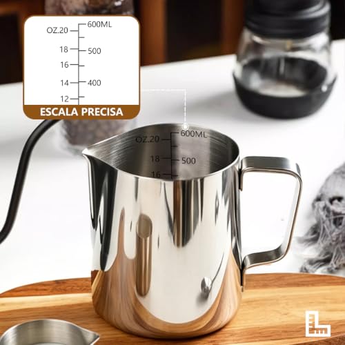 MXHIGO Jarra para Espumar Leche con Línea de Escala Interior y Latte Pen, 600ml/20oz Taza Jarra de Vapor Exprés de Acero Inoxidable, Perfecta para Cafetera Espresso, Barista, Latte, Capuchino, Café
