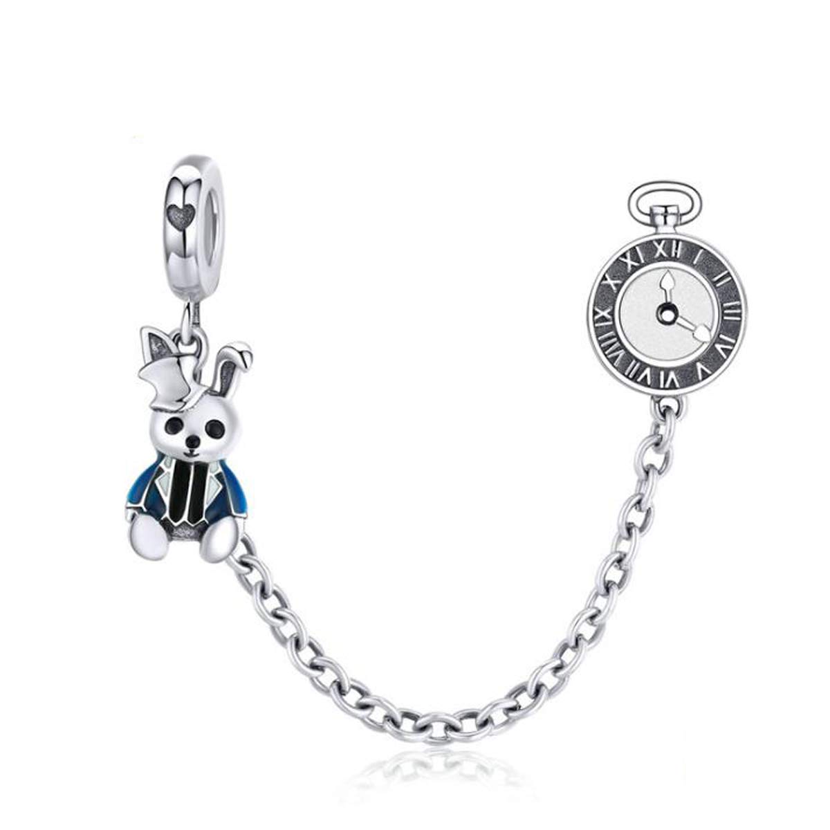 Charm Beads Animal Safety Chain 925 Sterling Silver Clip Stopper Charms Pink Paws Cat Dog Bird Safety Chain for Charm Bracelet (Rabbit)