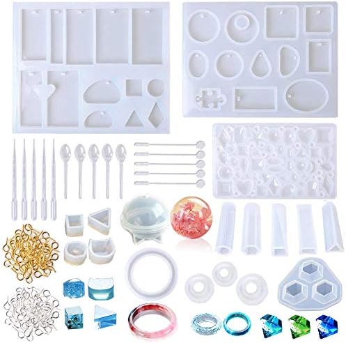 233 Pcs Jewelry Casting Molds Tools Set Includes 18 Silicone Resin Jewelry Molds, 200 Screw Eye Pins, 5 Plastic Spoons, 5 Plastic Stirrers and 5 Droppers for DIY Jewelry Craft Making