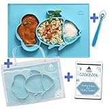 Cool Panda Fun Silicone Feeding Placemat for Babies, Portable & Reusable Travel Bag, Spoon and Healthy Recipes Ebook Included, Non-Slip Suction Plate, Large Size Set: 15