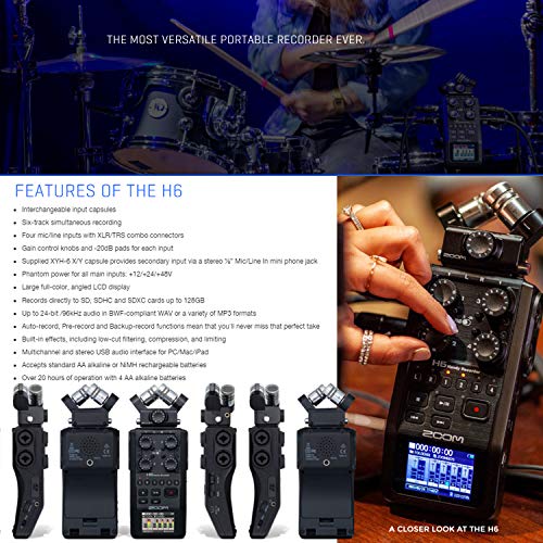 Zoom H6 All Black 6Input / 6Track Portable Handy Recorder with Single