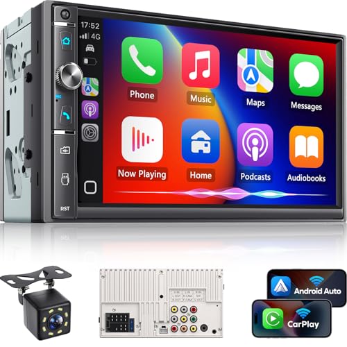Kissound Double Din Car Stereo with 7" HD Touchscreen, Wireless Apple Carplay & Android Auto, Bluetooth, 240W, SWC, Subwoofer Output, Mirror Link, FM/AM Car Radio Receiver, Backup Camera