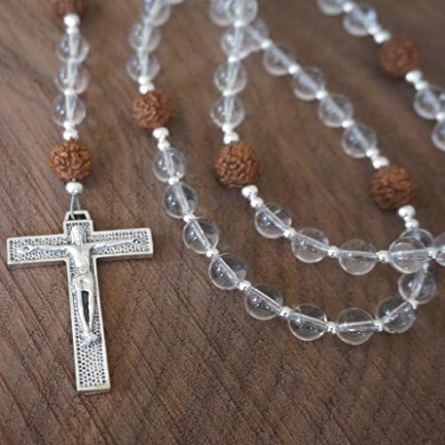 Catholic Rosary Featuring Clear Quartz and Rudraksha Seeds, Handmade by Holy Rocks