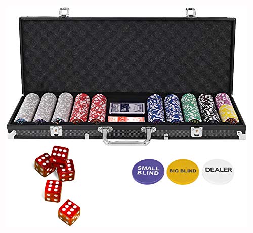 Poker Chip Carrier & Tray, Texas Holdem Cards with 500 Jetton and Dice in Aluminum Case, Silver