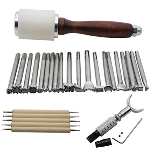 AMPSEVEN 20pcs Leather Carving Working Saddle Making Tools Set DIY Hammer Swivel Knife