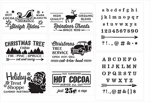 Christmas 8 Part Stencil Set by StudioR12 | Santa Claus Reindeer Hot Cocoa Tree | Reusable Mylar Template | Paint Wood Signs | Craft Winter Holiday Home Decor | DIY Gift - Scrapbooking - Journaling
