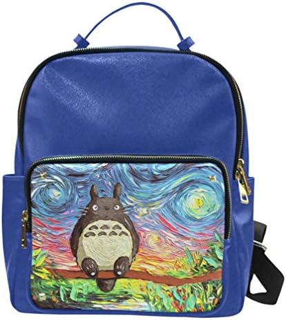 Casual Leather School Bag Leisure Back Pack with My Neighbor Totoro Meets Van Gogh Print