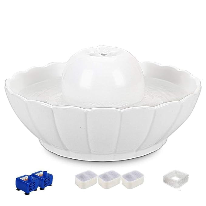iPettie Trinkbrunnen Keramik für Katzen Hunde Haustier Automatisch Wasserbrunnen mit Kohlefilter 2,1L Lotus/Kugel Katzenbrunn