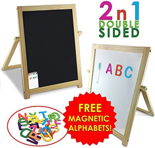 Chalkboard Easel Dry Erase Double sided Tabletop Easel By Comanche 2 in 1 Magnetic Dry Erase board Easel for kids tabletop FREE Magnetic Alphabet Markers Chalk Eraser