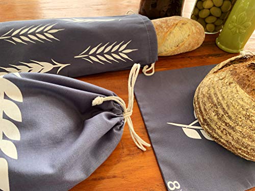 Cotton Bread Bags for Artisan Homemade Bread - Reusable Food Storage - Baguette, Sandwich and Boule Loaf Size - Drawstring Bread Bag - Set of 3