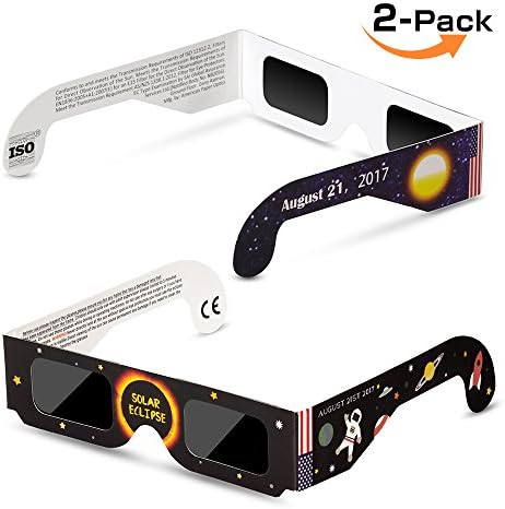 Solar Eclipse Glasses for the 2017 Total Solar Eclipse, CE &amp; ISO Certified Safe Solar Eclipse Goggles for Direct Sun Viewing - Viewer &amp; Filter, Suitable for All Ages (2pack)