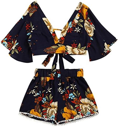 Beachwear,kaifongfu Casual Two Piece Set Women Botanical Print Summer V Collar Top Shorts Beachwear (L, Black)