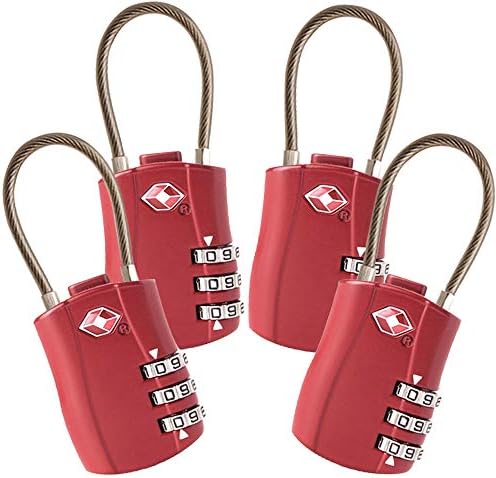4 Pack TSA Approved Travel Luggage Combination Cable Locks for Suitcases, Backpake (Red)