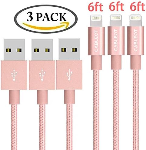 Lightning Cable, CABLEOT 3Pack 6FT/2M Nylon Braided 8pin USB Charging Cables Sync and Charger Cord for iphone 7/7plus se, 6s, 6s plus, 6plus, 6,5s,iPad Mini,Compatible with iOS9 (3Pack Rose Gold)