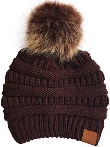 Ocesky Beanie Hat Women Men Fashion Warm Knit Thick Winter Caps With Faux Fur Pom Pom (Coffee)