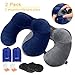 MLVOC Travel Pillow 2 Pack, Inflatable Neck Pillow with Ear Plugs, Eye Mask, Drawstring Bag and Soft Velvet Neck Support for Airplanes Travel (Blue+Grey)