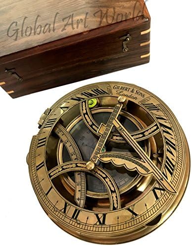 Antiques World Nautical Old Maritime Vintage Brown Antique Brass Collectible Authentic Gilbert & Son London Sunclock Sundial Compass Along With A Box AWUSASC 097
