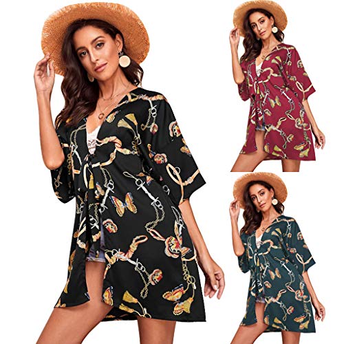 Women Butterfly Prints Open Cape Casual Blouse Kimono Cardigan with Bohemian Floral Print - Thumbnail 6