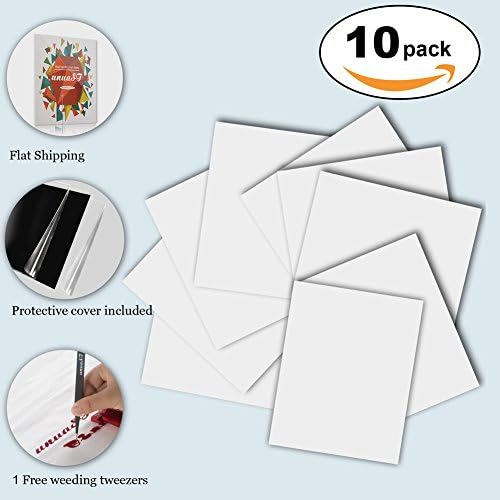 White Heat Transfer HTV Iron On Vinyl Sheets 10 Pack with 12x10" fro T-shirts, Bags,Heat Press Vinyl Starter Kit for Silhouette Cameo&amp; Cricut machine,Bonus 1 free Easy Weed Tweezers …