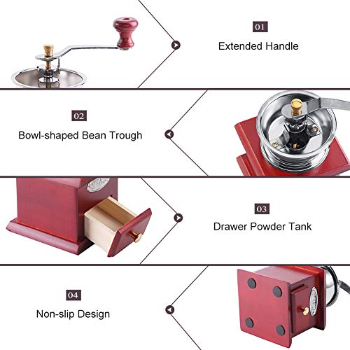 Manuelle Kaffeemühle Retro Holz Hand Kaffeemühle Kaffee Korn Burr Mill Maschine mit Catch Drawer(Red Wooden) – Bild 4