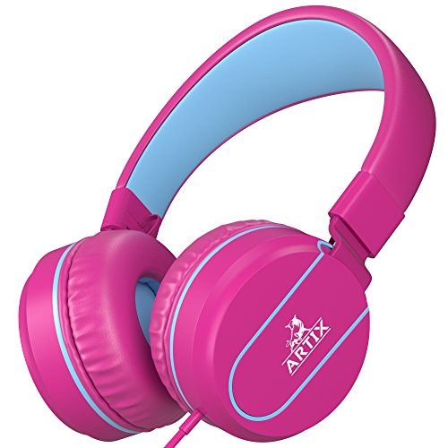 Artix Foldable On-Ear Adjustable Tangle-Free Wired Headphones, Compact Stereo Earphones with in-line Microphone and Controls for Children &Teen Head Phones for Sport, Travel, School - Pink