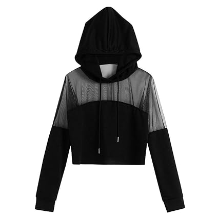 Damen Hoodie Bauchfrei Kapuzenpullover Crop Top Langarm Licht Pullis Hooded Oberteil Zhen+ Casual Einfarbige Kapuzenpullis Ku