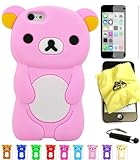 Bukit Cell ® Bundle - 4 Items: Bukit Cell ® BABY PINK 3D Teddy Bear Soft Silicone Case for iPhone 5C, Bukit Cell ® Cleaning Cloth, Screen Protector and Metallic Stylus Touch Pen with Anti Dust Plug
