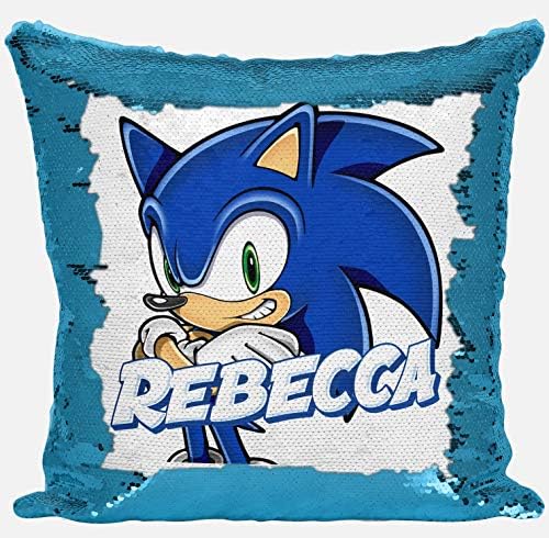 DAILY GIFTS Personalised Sonic Hedgehog Any Name Magic Reveal Sequin Cushion Cover Gift (Case+ Filling)