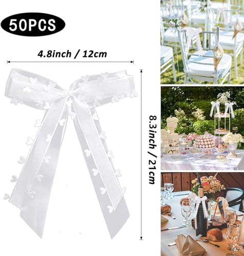 FGen 50 Pieces Car Wedding Bows, White Bow Decoration, Car Decoration, Wedding Aerial Bows, Handmade Satin Ribbon, for Car Decoration, Wedding, Christmas, Party