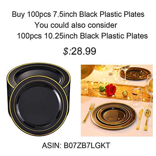 bUCLA 100Pieces Black Plastic Plates with Gold Rim7.5inch Disposable