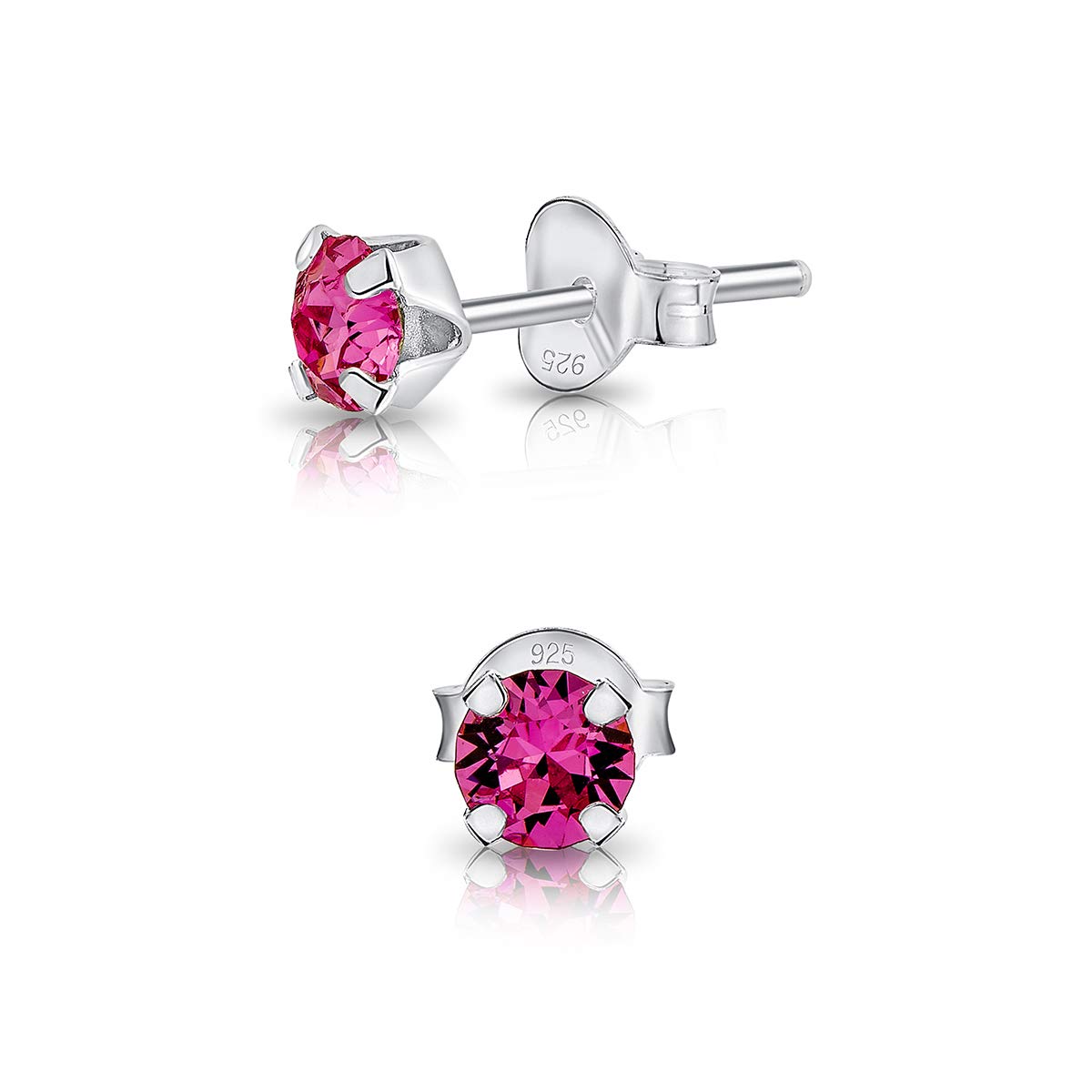 925 Sterling Silver Round SMALL Stud Earrings made with Glittering Crystals - Small Silver Studs Earrings for Woman - Diameter: 4 mm - Colour : Rose