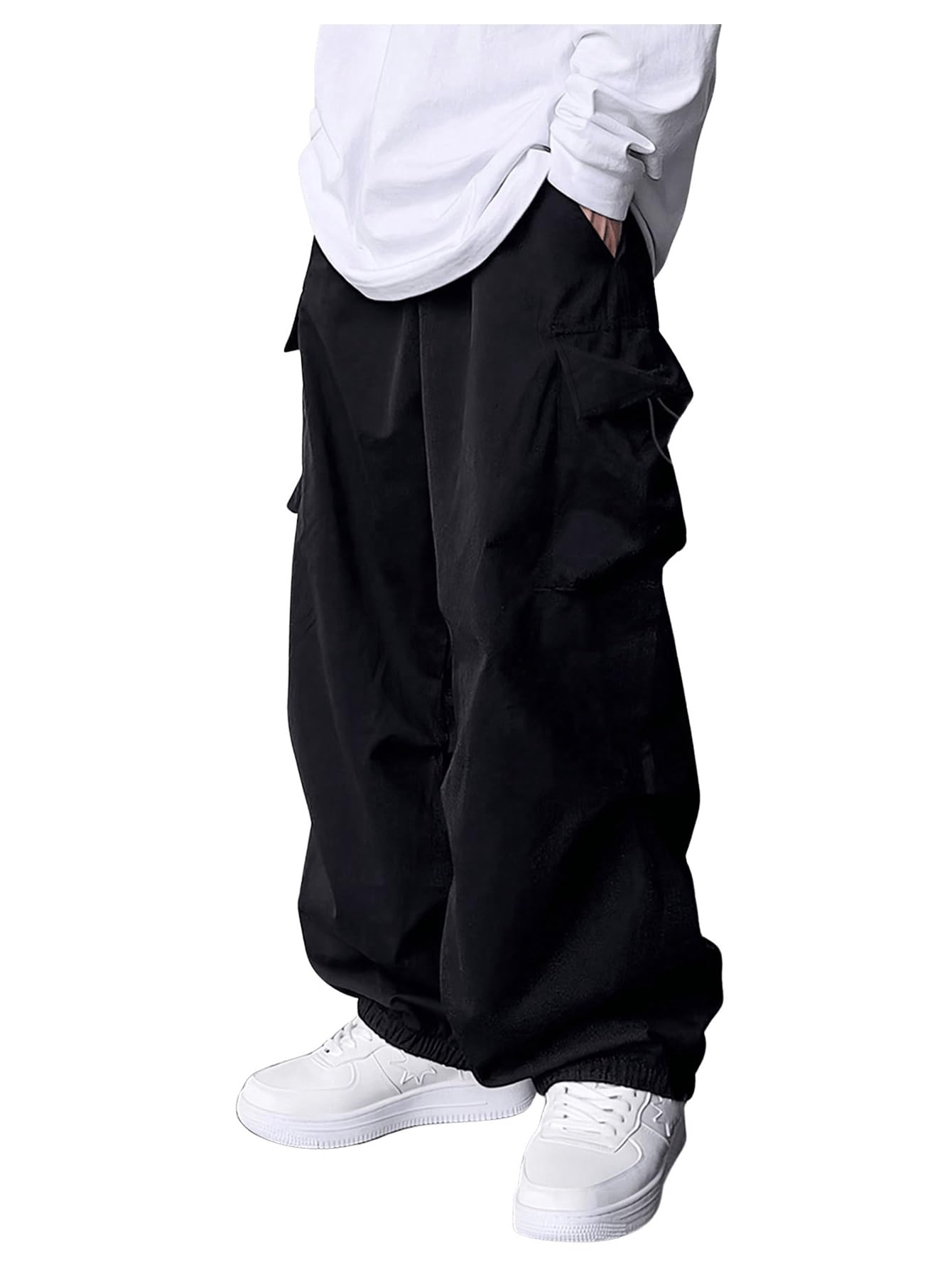 Photo 1 of RoseSeek Boy's Wide Leg Cargo Pants Drawstring Waist Baggy Track Pants Trousers Streetwear Black 12Y