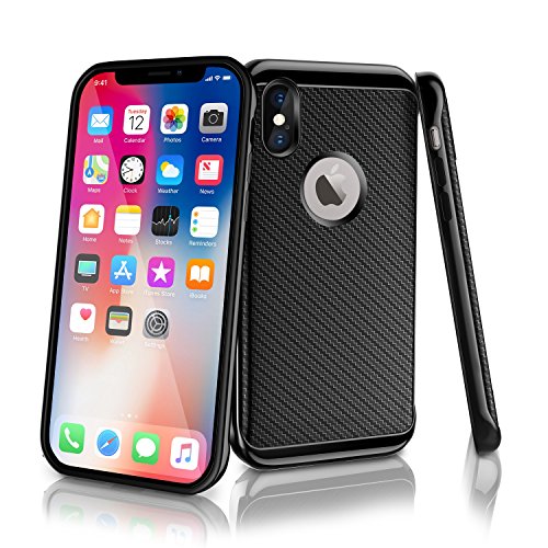 iPhone X Case, LoHi iPhone 10 Hybrid Silicone Rubber Holder Slim Fit Full Body Protective Cover Texture Carbon Fiber Case Black