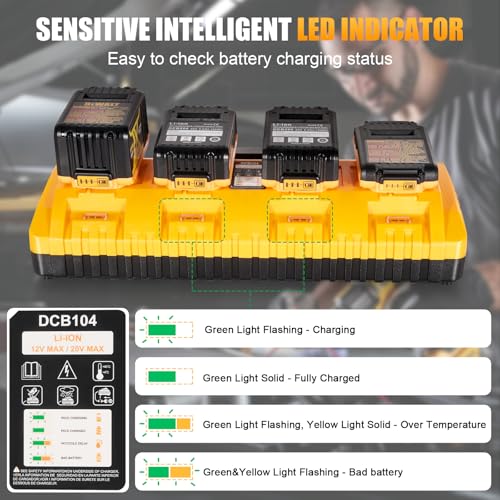 DCB104 Replacement for Dewalt Battery Charger Station, 4 Port Fast Rapid Charging Station with USB and Type-C Ports Compatible with All Dewalt 12V 20V Max Lithium Battery | Includes USB and Type-C Ports, 76.77in Detachable Power Cord, Wall-mounted, Multiple Safety Protection