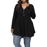 Gocolloa Plus Size Tops for Women Curvy Fall Long Sleeve Dressy Tops Button V Neck Henley Shirts Casual Flowy Tunic Blouses