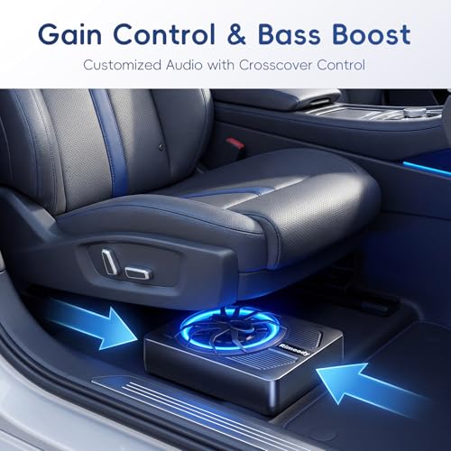 Rimoody Car Subwoofer, 10 Inch, 1000W Max, 400W RMS, Low Profile, Phase Control, 0-180°, Bass Boost 0-18dB, Under Seat Installation with LED Mood Lighting Blue