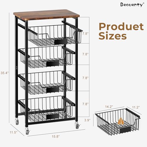 Beauenty 5-Tier Rolling Storage Cart, Pull-out Basket Trolley Organizer Kitchen Storage Shelf, Wooden Top Mobile Shelving Unit Suitable for Kitchen, Living room, Bathroom (Top Panel & 4 Baskets)