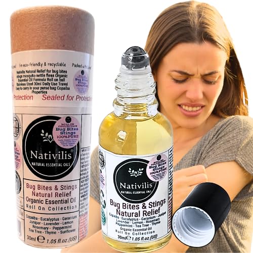 Nativilis Natural Relief for bug bites stings mosquito nettle fleas Organic Essential Oil Formula Roll on ball Stainless Steel 30ml Daily Use Travel Easy to carry in your purse bag Copaiba Properties