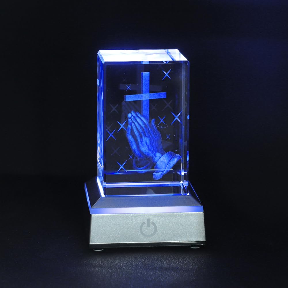 KOMI 3D Crystal Figurine Statue with LED Light Base, Laser Engraved Praying Hand Cross Statues Religious Gifts for Women Men, Night Light for Bedroom, Christian Catholic Gifts