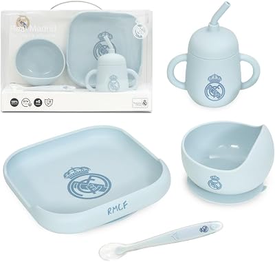 - Set de Vajilla Infantil 4 Piezas de Silicona Real Madrid Azul| Plato, Bol, Cuchara y Taza |Apto para Microondas y Lavavajillas | Libre de BPA