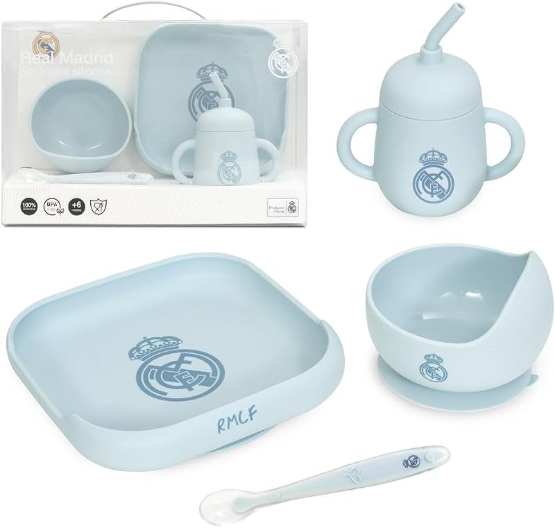 - Set de Vajilla Infantil 4 Piezas de Silicona Real Madrid Azul| Plato, Bol, Cuchara y Taza |Apto para Microondas y Lavavajillas | Libre de BPA